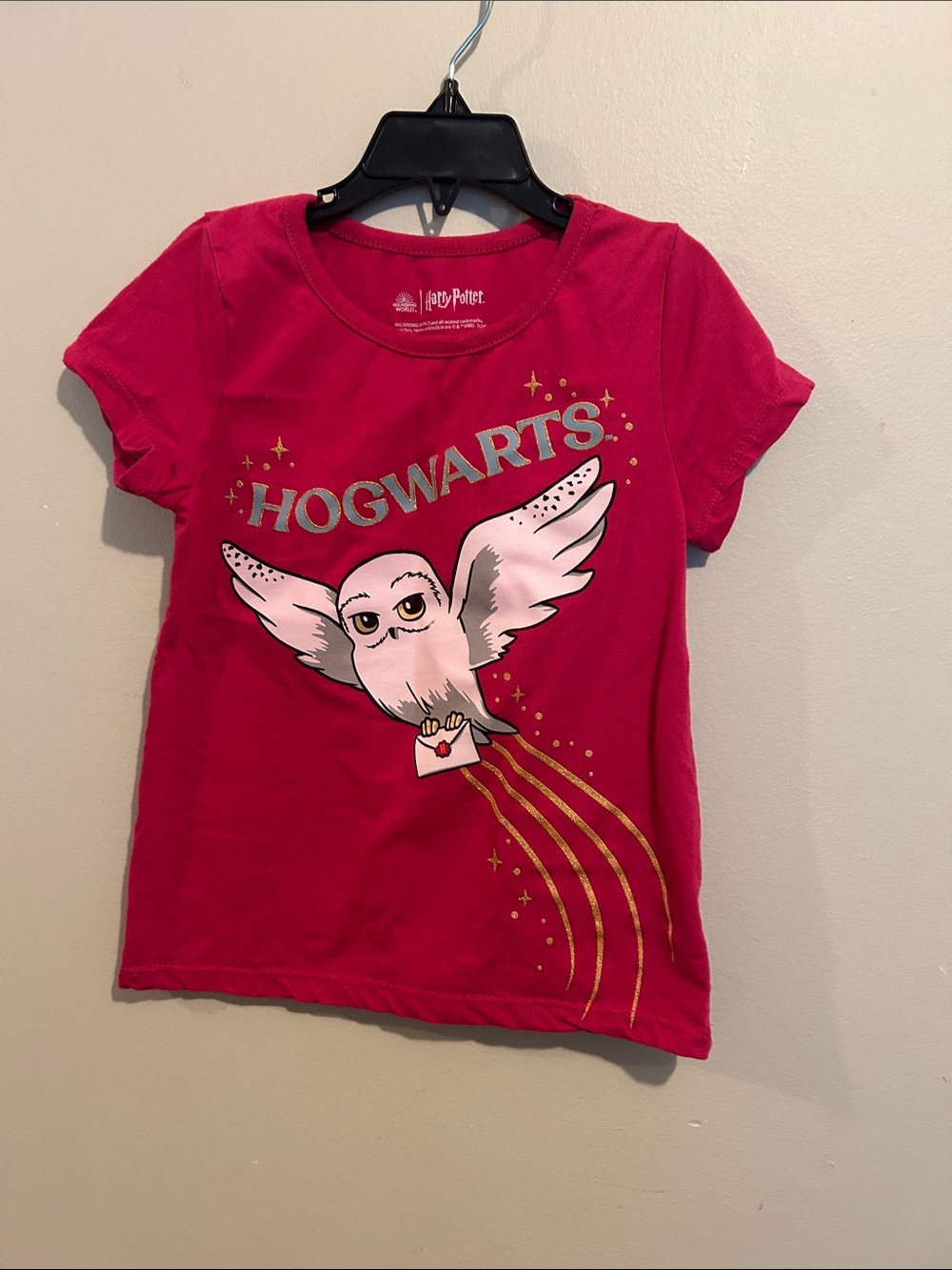 Kids Hogwarts Owl Graphic Tee - Hot Pink with Gold Accents